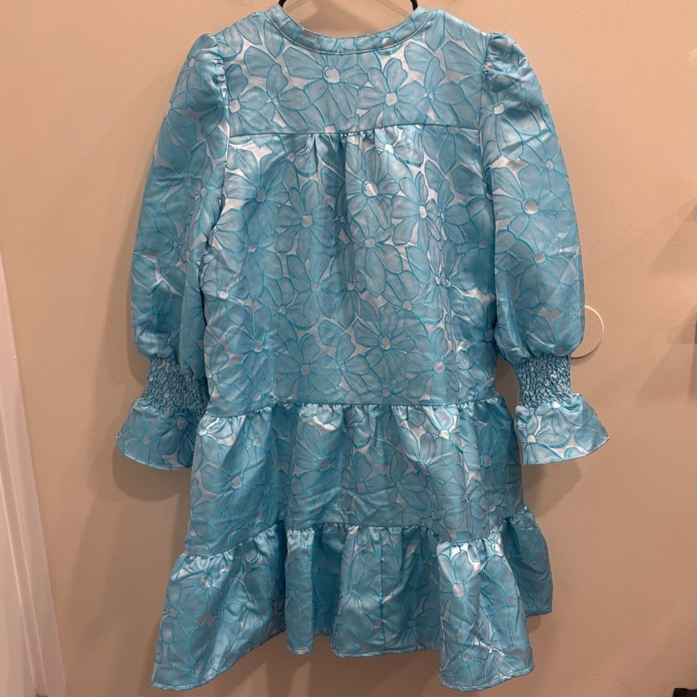 Pomander Place Blue Floral Jacquard Kenzo Tiered Mini Babydoll Dress Medium NEW - Picture 4 of 10